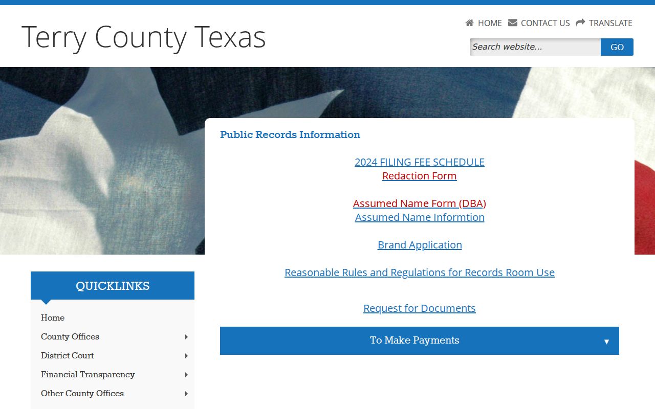 Terry County public records page showing request and Social Security number redaction links