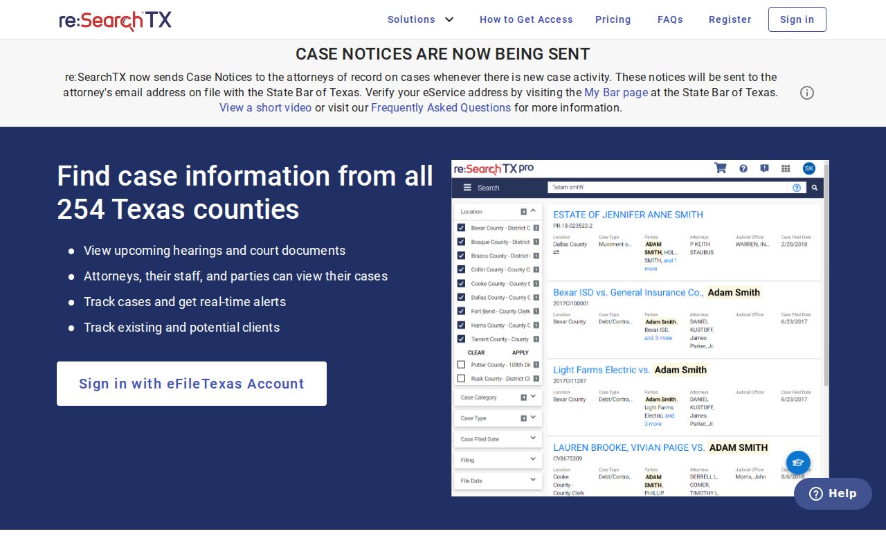 Texas re:SearchTX statewide court records search landing page