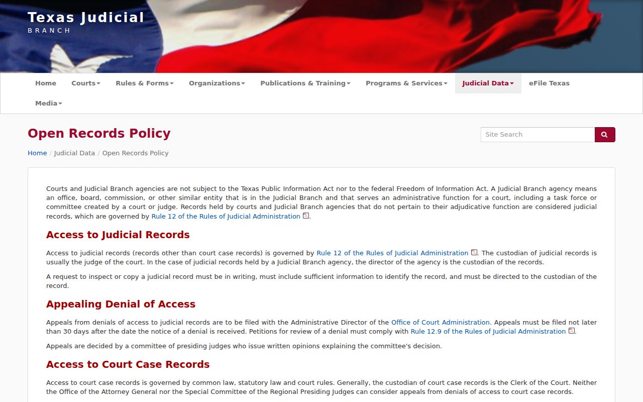 Texas Judicial Branch open records policy page for judicial records